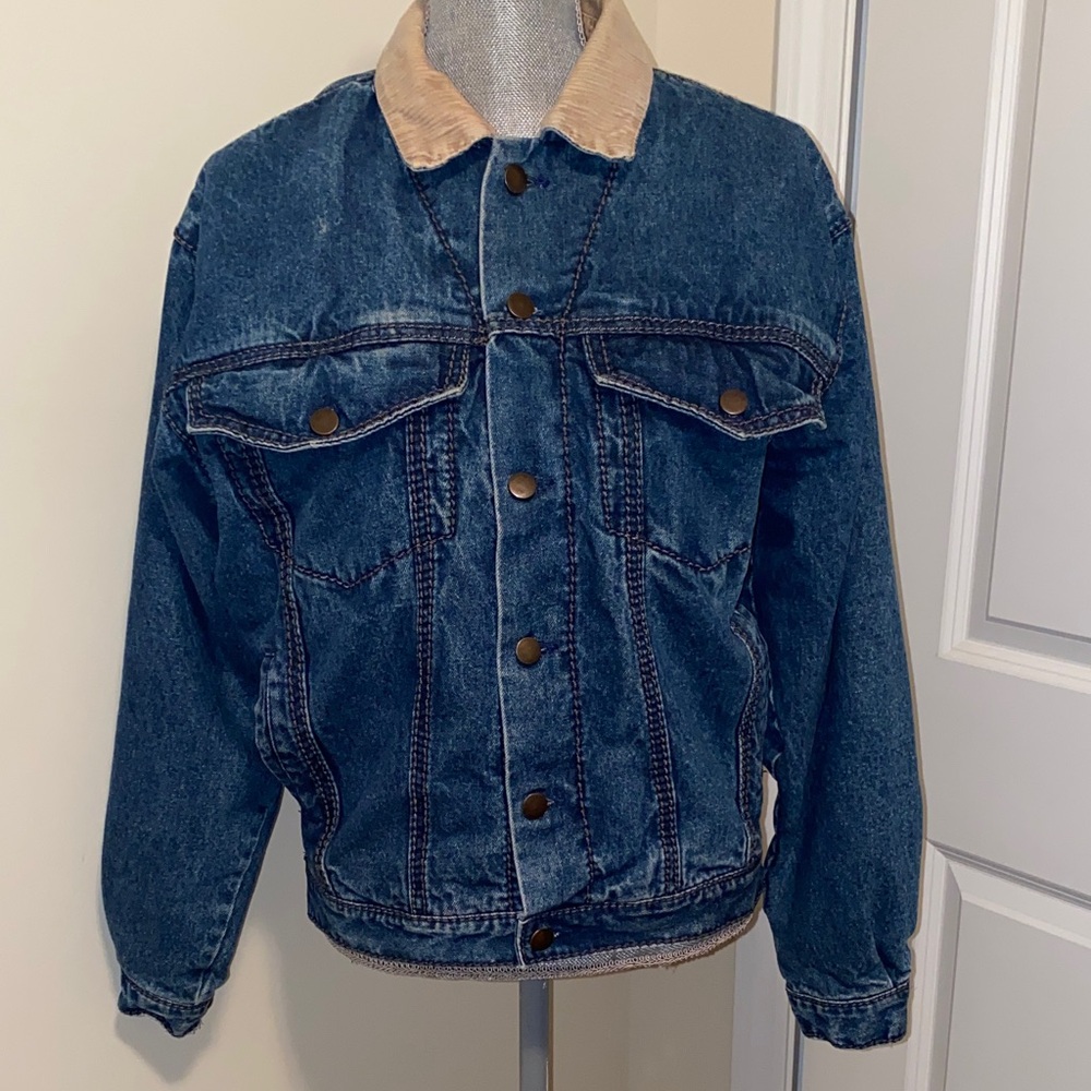 Vintage 90’s Denim Western Fleece Lined Work Jean Jacket with Corduroy Collar S